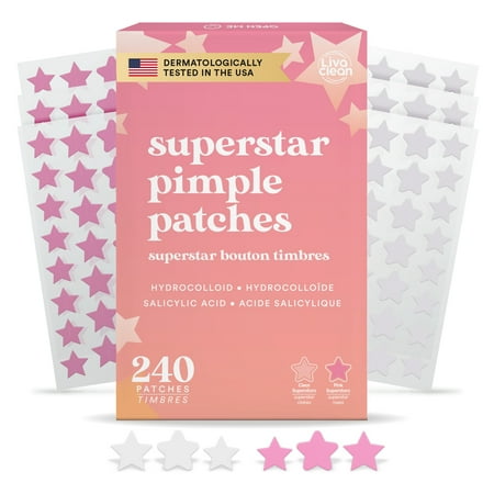 LivaClean Star Blemish Patches (240CT) - Salicylic Acid & Tea Tree Oil - Clear & Pink Pimple Patch Cute - Acne Patches Star - Cute Pimple Patches - Star Pimple Patches for Face - Star Pimple Patches