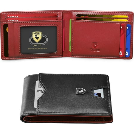 Mens Slim Wallet for Men Minimalist Genuine Leather Carbon Fiber Rfid Blocking Bifold Credit Card Holder With Gift Box (Black and Red)