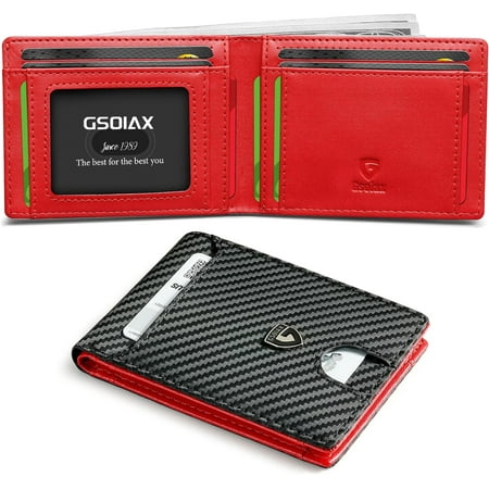 Mens Slim Wallet RFID Blocking Bifold wallets for men Minimalist Genuine Leather Carbon Fiber Card Holder Money Clip Thin Mens with Gift Box (Carbon Black and Red)