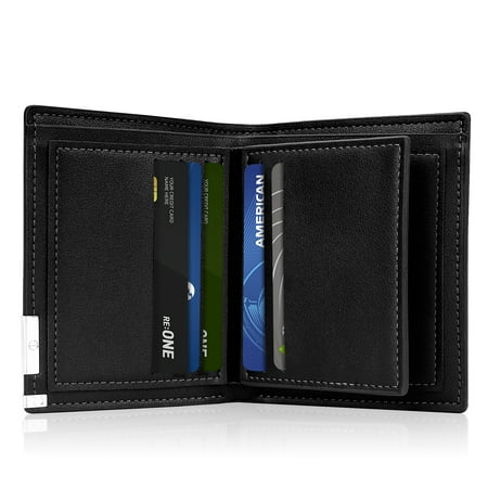 Mens Wallet, Bifold Genuine Leather Wallet for Men, RFID Blocking Wallet with 1 ID Window, 7 Card Holders & 2 Cash Slots, Slim Front Pocket Wallet, Black