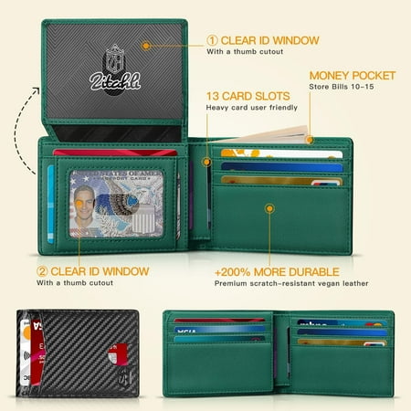 TRAHOO-Men's Wallets 15 Card Holder Slim Rfid blocking Wallet for Men Leather 2 ID Window With Gift Box