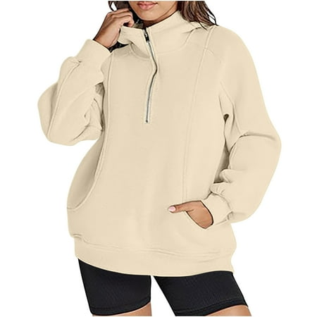 Woman Sweatshirt Hoodie Women Half Zip Oversized Sweatshirts Long Sleeve Fleece Trendy Cropped Pullover Workout Warm Tops with Pockets S-244 Beige L