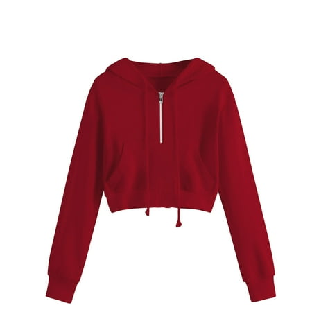 Women's Cropped Hooded Sweatshirt Solid Color Long Sleeve Half Zip Hoodies Casual Fall Winter Pullover Tops with Pocket