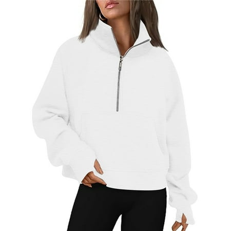 Womens Half Zip Hoodies Plus Size Fleece Sweatshirt Thumb Hole Cropped Pullover Fall Winter Tops