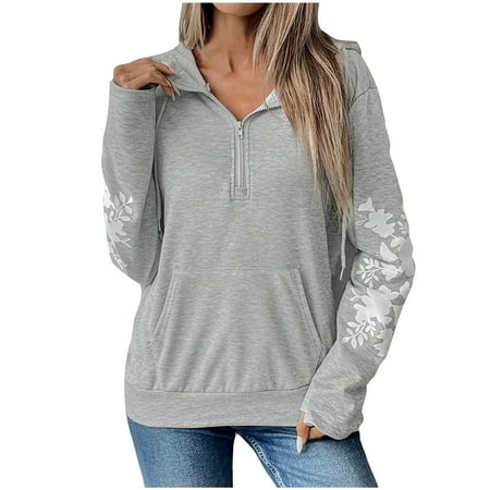 Womens Half Zip Hoodies Pullover Cropped Hooded Sweatshirts Fall Winter Casual Loose Floral Print Top with Hood (Gray L)