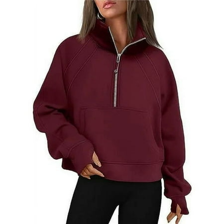 Womens Half Zip Sweatshirt Cropped Hoodie Fleece Quarter Zip Pullover Sweaters Casual Comfy Winter Clothes