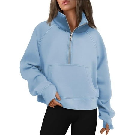 Womens Sweatshirts Half Zip Cropped Pullover Fleece Quarter Zipper Hoodies Fall outfits Clothes Thumb Hole