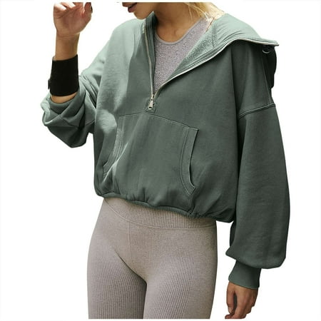 YUGYXL Half-Zip Loose Hoodies for Women Casual Thin Fleece Cropped Sweatshirts Solid Color Long Sleeve Pullover with Kangaroo Pocket Army Green,S