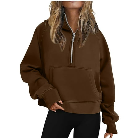 ZyeKqe Women Half Zip Cropped Hoodies Fleece Long Sleeve Sweatshirts Quarter Zip up Pullover Top 2024 Winter Clothes