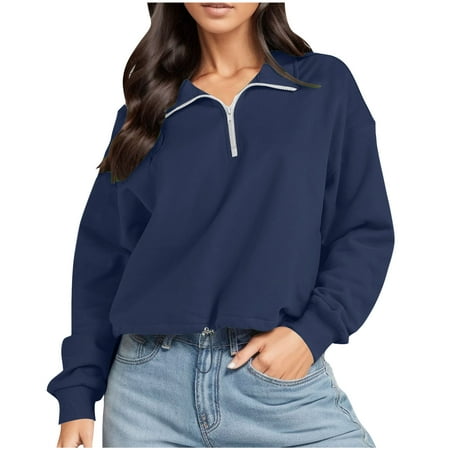 ZyeKqe Womens Cropped Sweatshirts Half Zip up Fleece Pullover Top Casual Long Sleeve Shirts 2024 Fall Clothes
