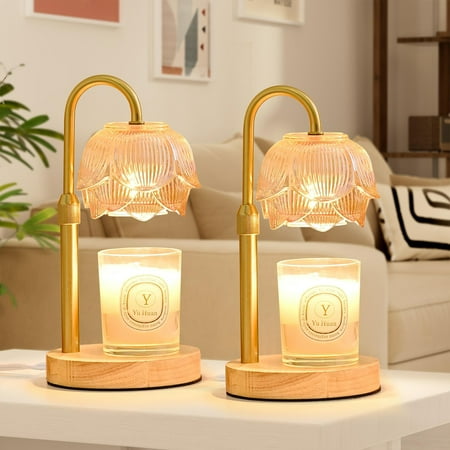 2 Pack Lotus ShapedCandle Warmer Lamp with Dimmer Timer, Wax Warming Lamps with 4 Candle Heating Bulbs, Wood Base Height Adjustable Candle Melter Light for Scented Wax, Mother's Day Gift