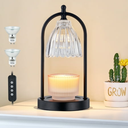 Candle Warmer Lamp with Timer, 3-Level Dimmable Candle Lamps Vintage Glass Shade, Candle Warmer Light Wax Melt Warmer for Scented Wax, Black Warmer Lamp for Women Home Decor (2 Bulbs Included)