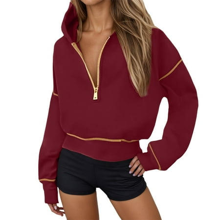 Hooded Sweatshirts for Women Solid Color Lightweight Half Zip Hoodies Slim Fit Cropped Long Sleeve Hoodies Fall Winter Pullover Tops Trendy 2025