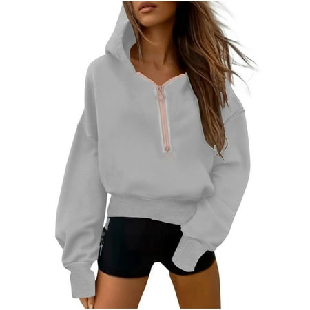 hotojiny Crop Hoodie Sweatshirt for Women Half Zip Long Sleeve Loose Pullover Tops Fall Winter Fashion Clothes