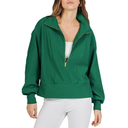 QAFOPEH Women Half Zip Up Long Sleeve Solid Color Cropped Sweatshirt
