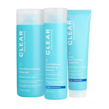 Three-piece acne removal set, including daily facial cleanser, 2% salicylic acid exfoliating cream and benzoyl peroxide care