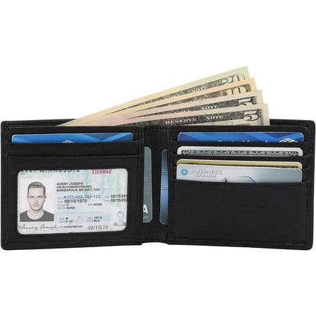 TRAHOO-Mens Leather Wallet with ID, Slim Design | RFID Blocking, 5 Credit Card Slots, 1 ID Window, 2 Sections for Bills & 2 Additional Slots | Gift Boxed by Botanner Genuine Leather -Black