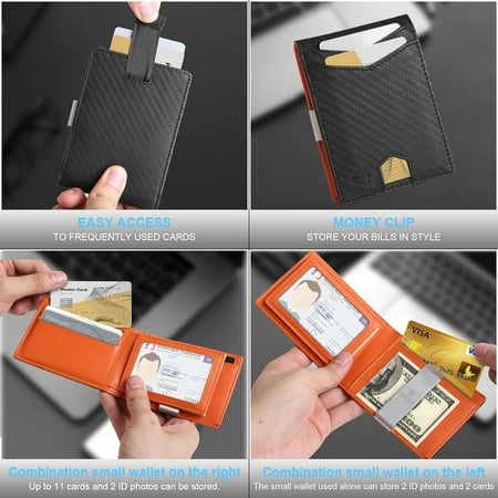 TRAHOO-Slim Wallet for Men Carbon Fiber Money Clip RFID Blocking Bifold 2 in 1 Credit Card Holder for Men with Gift Box 2 ID Windows 10 Card Holders(Carbon Black and Orange)