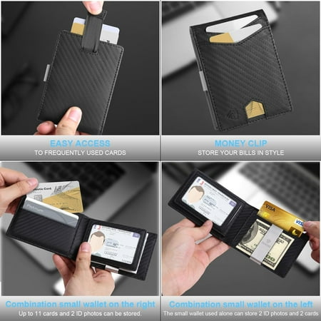 TRAHOO-Slim Wallet for Men Carbon Fiber Money Clip RFID Blocking Bifold 2 in 1 Credit Card Holder for Men with Gift Box 2 ID Windows 10 Card Holders(Carbon Black)