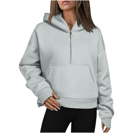 Aofany Sweatshirt for Women Half Zip Cropped Pullover Fleece Hoodies Fall Winter Tops Thumb Hole