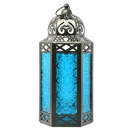 Black Metal Decorative Moroccan Lantern Candle Holder Lamp - Indoor/Outdoor, Home Decor, Patio, Weddings, Christmas, Large, Blue