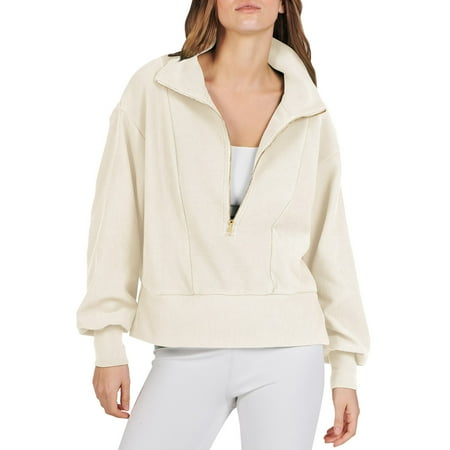 Charmgo Womens Tops Clearance, Women Half Zip Cropped Sweatshirt Casual Fleece Quarter Zip Up Rib Knit Pullover 2024 Fall Clothes Sweatshirt for Women, Hoodies for Women Beige