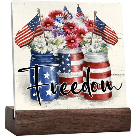 4Th Of July Patriotic Decor Ceramic Desk Sign, Farmhouse Rustic Americana Decor Independence Day Decoration, Freedom Sign Tiered Tray Decor