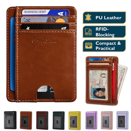ComfiTime Slim Men’s Wallet - RFID Minimalist Wallet for Men & Women, Small Thin Leather Wallet with ID Window, Credit Card Holder Front Pocket Wallet, Travel Accessories & Gift Box, Brown