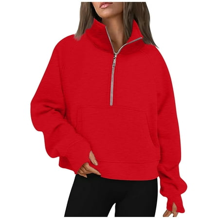GigrtiJin Women Sweatshirts Half Zip Cropped Pullover Fleece Sweatshirt Long Sleeves Stand Collar Tops with Pocket
