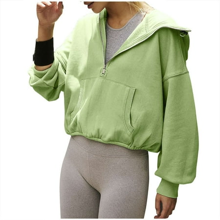 Hvot&aat Hoodies for Women Half Zipper Pullover Sweatshirts Casual Long Sleeve Loose Cropped Fall Hooded Tops with Pocket