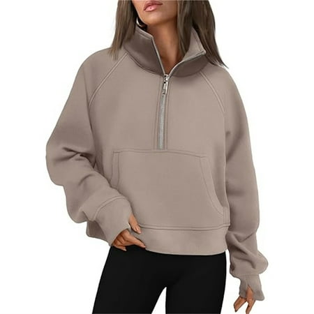 Mohiass Womens Sweatshirts Half Zip Cropped Pullover Fleece Quarter Zipper Hoodies 2025 Fall Fashion Clothes Camel S