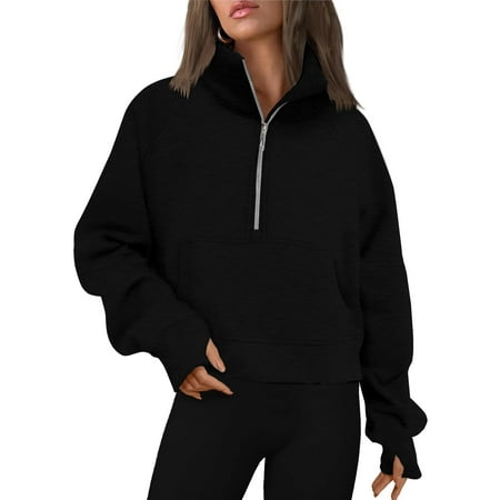 Rosvigor Sweatshirt for Women Half Zip Cropped Pullover Fleece Hoodies Fall Winter Tops Thumb Hole
