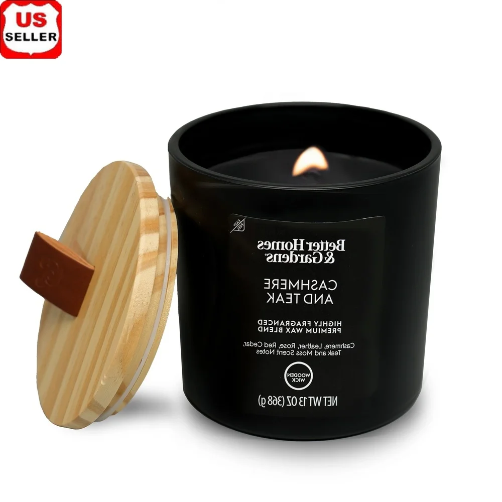Scented Wooden Wick Jar Candle 13oz Cashmere Teak Fragrance Black Glass Home Decor 65 Hour Burn Time Leather Lid