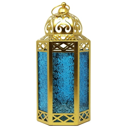 12" Large Moroccan Lantern Candle Holder – Gold with Blue Glass, Metal Decorative Lamp for Indoor or Outdoor Patio or Porch Use, Home Decor, Ramadan, Weddings
