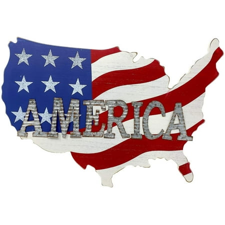 American Decor Rustic USA Map Red White & Blue Wooden Home Office Wall Shelf Accent 18" x 13" (America)