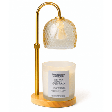 Better Homes & Gardens Amber Hammered Glass Candle Warmer Lamp with Adjustable Height & Light Wood Base