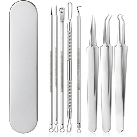 BYXAS Pimple Popper Tool Kit, 8 PCS Professional Stainless Steel Blackhead Remover Comedone Extractor Tools for Removing Zit on Face - Acne Removal Kit with Metal Case (Silver)