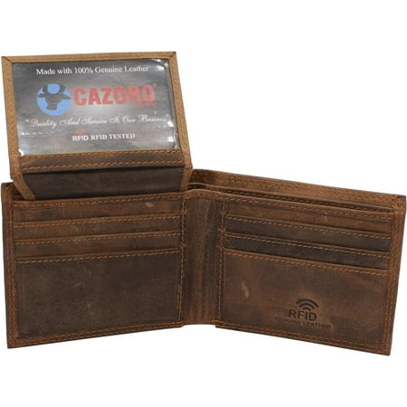 CAZORO Top Grain Leather Wallet for Men RFID Blocking Extra Capacity Bifold Wallet with 2 ID Windows Ultra Strong Stitching Slim Billfold with 8 Card Slots Gift for Him Vintage Brown