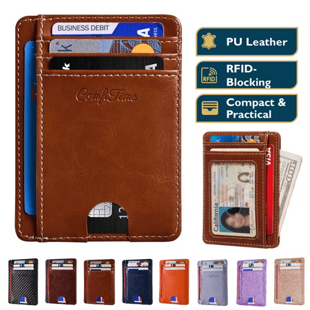 ComfiTime Slim Men’s Wallet - RFID Minimalist Wallet for Men & Women, Small Thin Leather Wallet with ID Window, Credit Card Holder Front Pocket Wallet, Travel Accessories & Gift Box, Brown