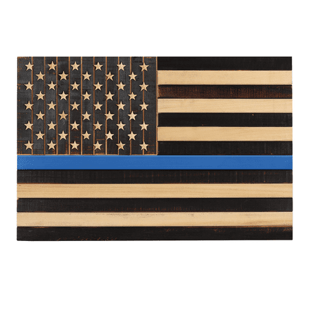 CONSDAN-Wooden American Flag- Handcrafted Wall Decor- USA Grown Hardwood-Thin Blue Line- 24"x16"