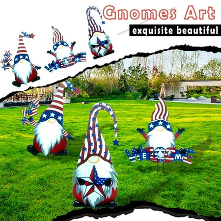Meitianfacai Set of 3 Metal Gnome Independence Day Decorations, Rust-Resistant Metal Garden Stake Decor Ornaments for Outdoor Yard & Patio