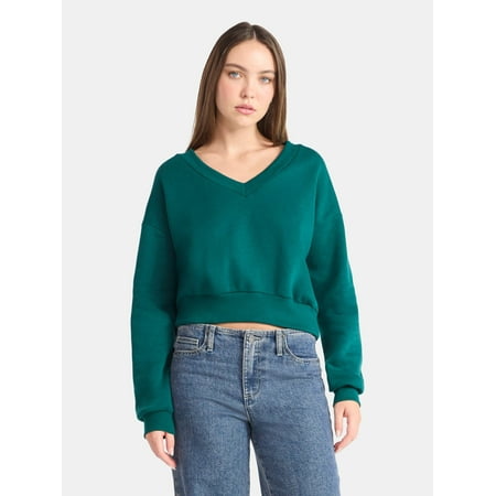 No Boundaries V-Neck Fleece Cropped Sweatshirt, Women's