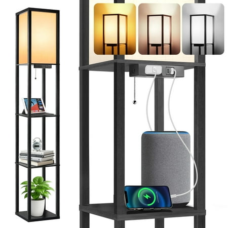 OUTON Floor Lamp with Shelves, Dimmable Standing Lamp with USB & Type C & Power Outlet, 3 Color Temperature with Linenshade for Living Room, Bedroom, Black