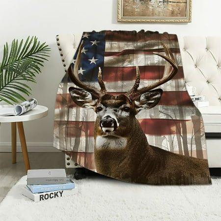 Patifu American Flag Deer Blanket Gifts for Men, USA Flag Throw Blankets Hunting Gifts for Men Adult Kids Boys, Christmas Birthday Independence Day Deer Forest Decor Gifts for Home Bed Couch White