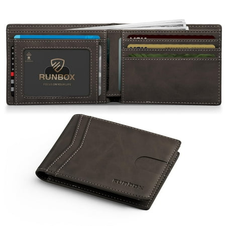 RUNBOX Wallet for Men Slim Leather Bifold RFID Blocking Minimalist Front Pocket Design with Gift Box