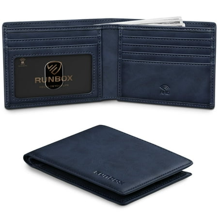 RUNBOX Wallet for Men Slim Leather Bifold RFID Blocking Minimalist Front Pocket Design with Gift Box