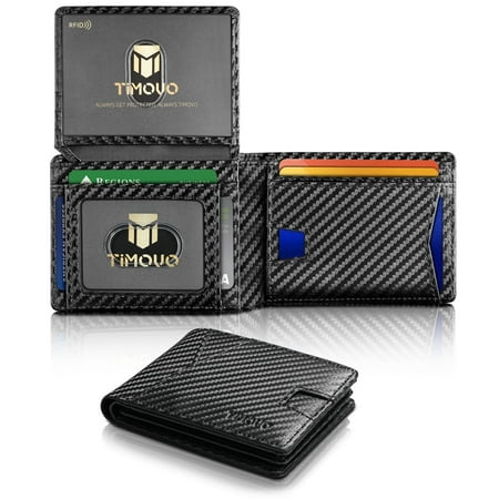 TiMOVO Slim Wallet for Men with RFID Blocking, Leather Bifold Wallet with 2 ID Window, Multifunct Quick Slot Design with Gift Box, Black Stripes