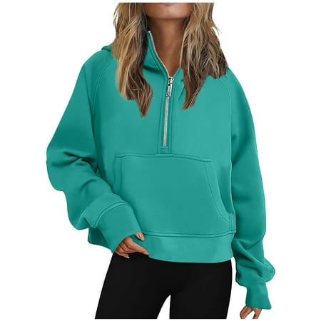 Women's Cropped Fleece Hoodies Half Zip Long Sleeve Hooded Sweatshirt Comfy Lightweight Solid Color Crop Pullover Tops with Pocket