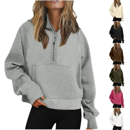 Womens Half Zip Cropped Hoodies Long Sleeve Fleece Quarter Zip Pullover Sweatshirts Fall Outfits Y2K Clothes
