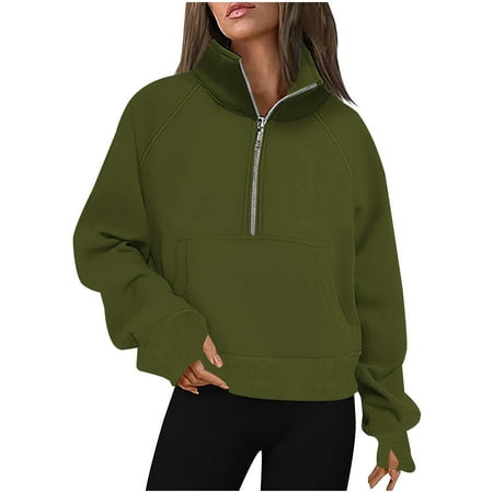 Womens Sweatshirt Long Sleeve Half Zip V Neck Casual Loose Cropped Fleece Solid Color Pullover Hoodies Tops with Pocket,Green 1,L